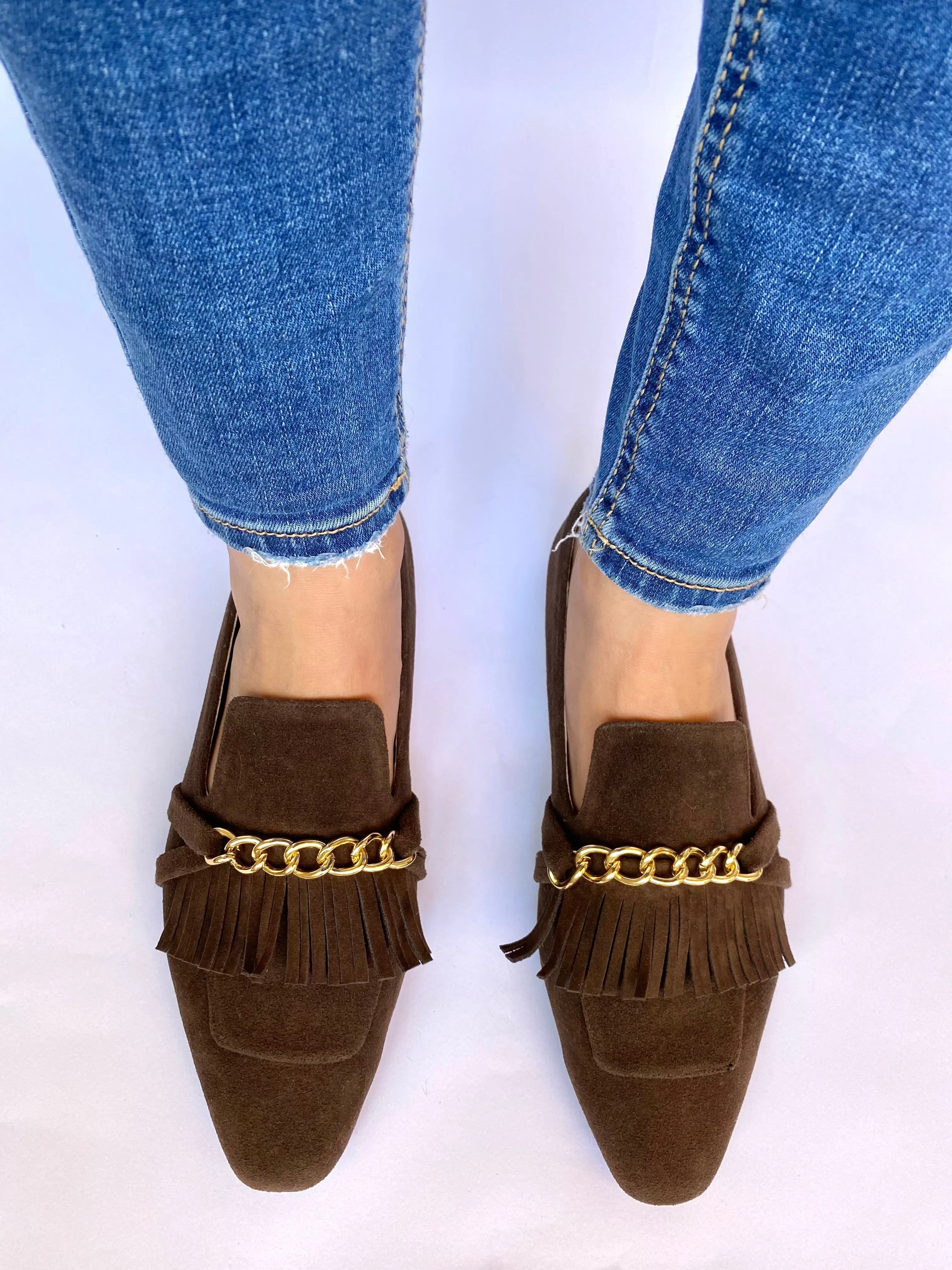 Brown Daniela Fringed X Gold Chain Loafers