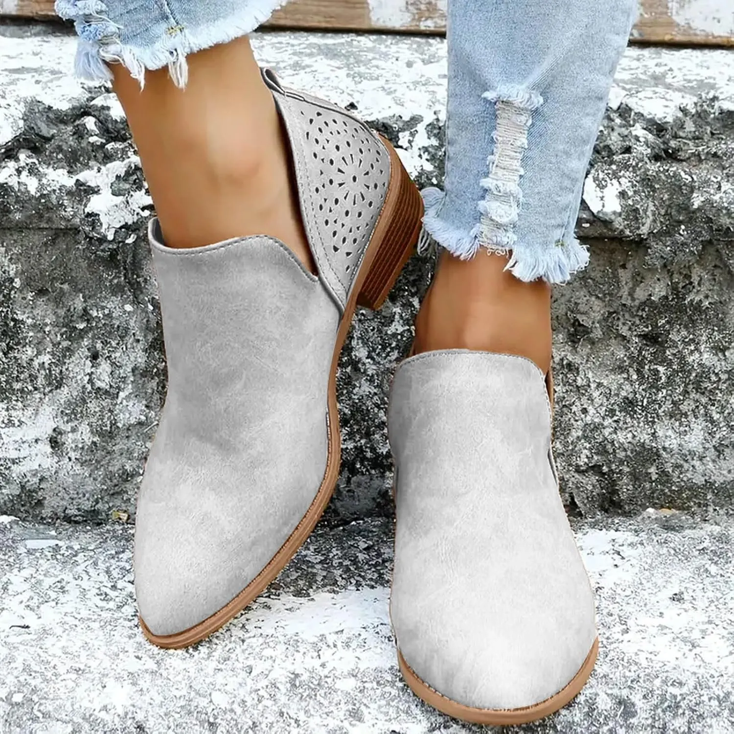 Cathalem Booties for Women Cowgirl Boots Stacked Low Heel Ankle Booties Slip On Perforated Western Booties Cutout Shoes