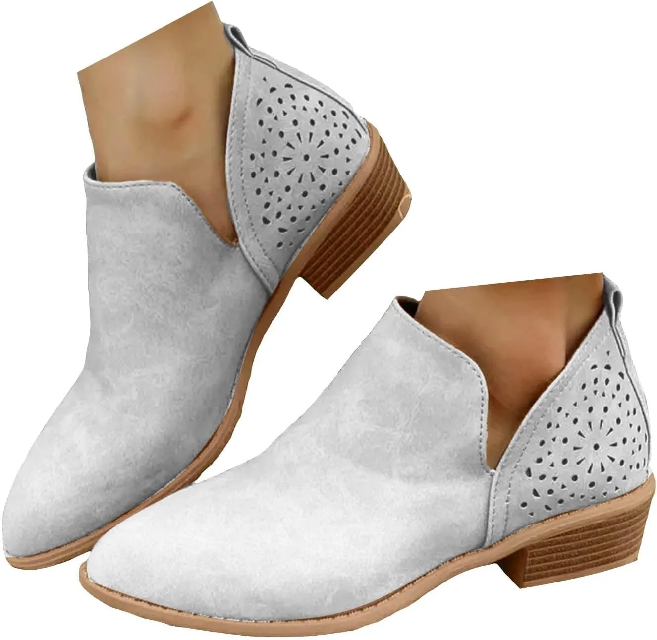 Cathalem Booties for Women Cowgirl Boots Stacked Low Heel Ankle Booties Slip On Perforated Western Booties Cutout Shoes