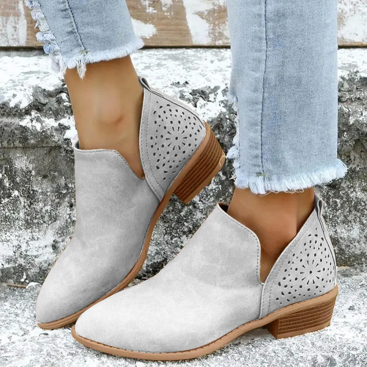 Cathalem Booties for Women Cowgirl Boots Stacked Low Heel Ankle Booties Slip On Perforated Western Booties Cutout Shoes