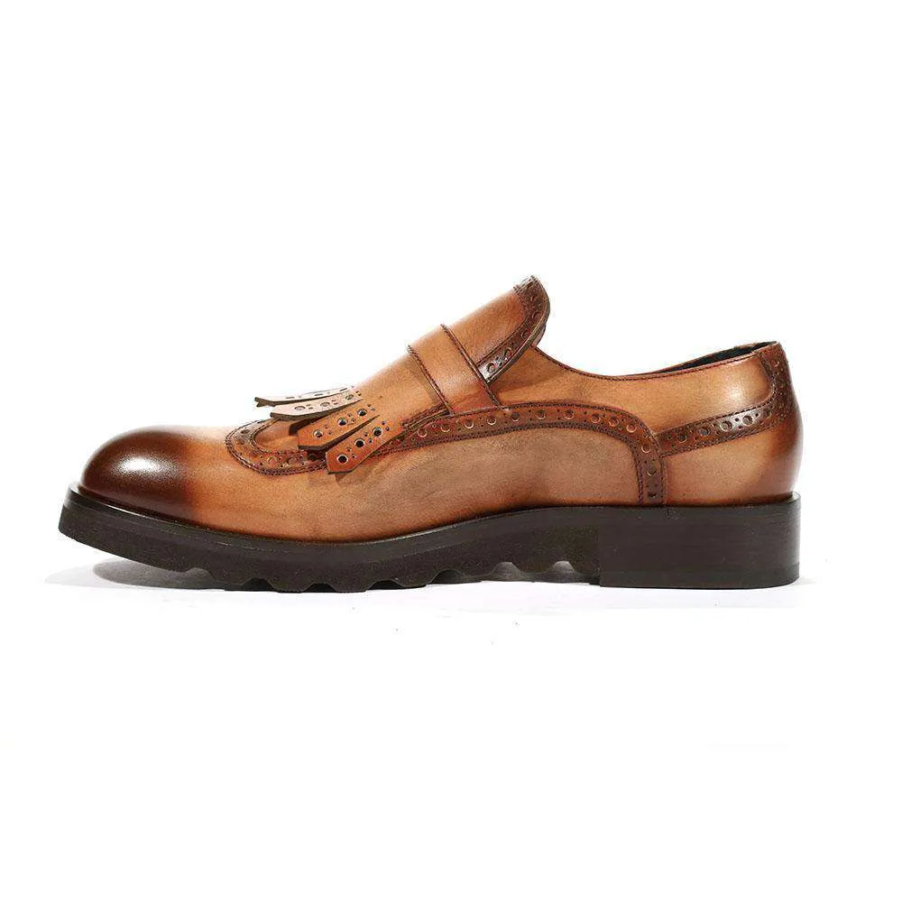 Cesare Paciotti Luxury Italian Men's Buckhold Loafers Camel/Brown Two Tone Tamponato Cuoio Designer Shoes (CPM5478)