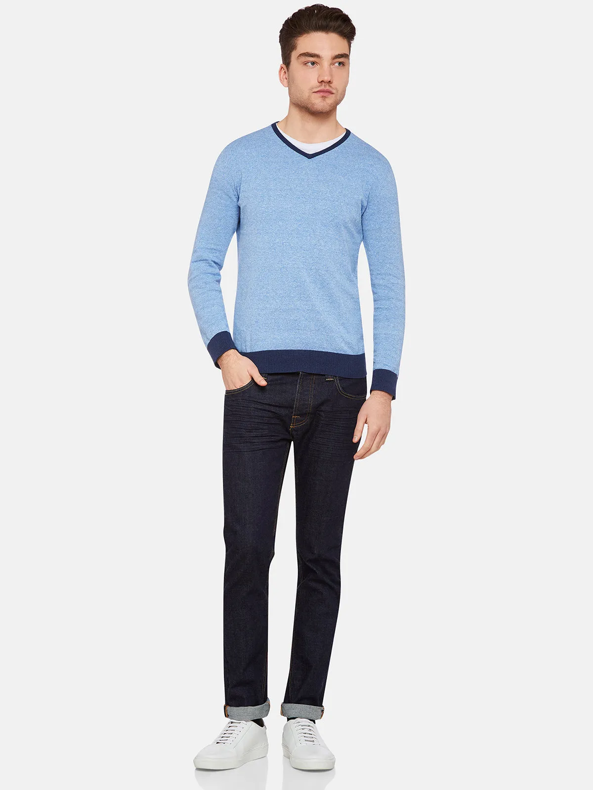Cotton Contrast Rib Vnk Pullover