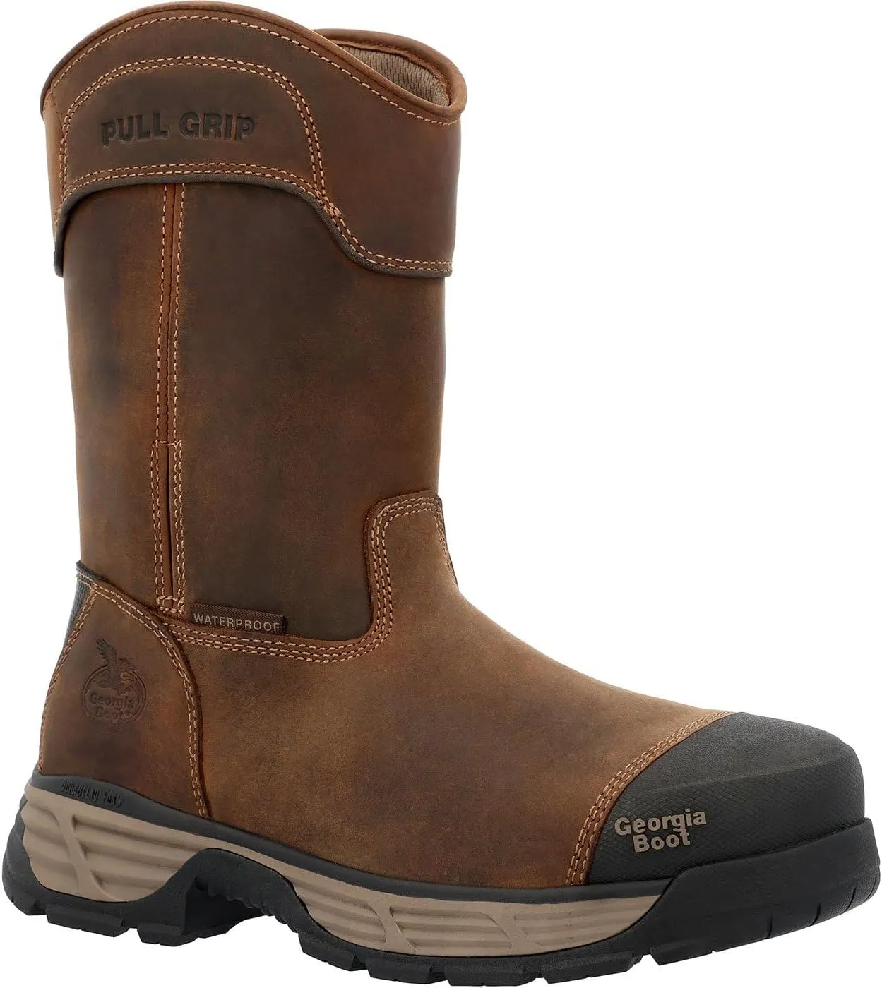 Georgia Boot Durablend Edge 10" Waterproof Alloy Toe Pull On Work Boot, Brown, Size 13(W)