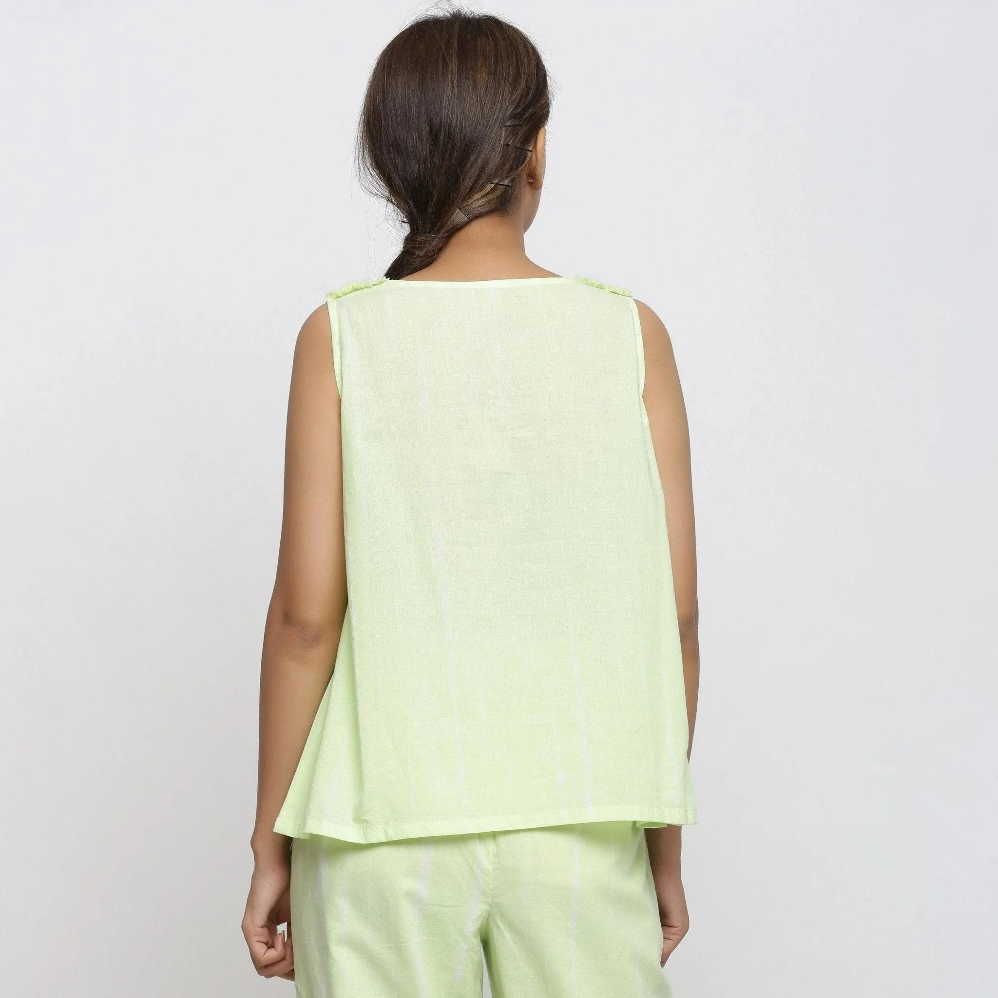 Hand Tie-Dye Cotton Mint Green Scoop Neck A-Line Top
