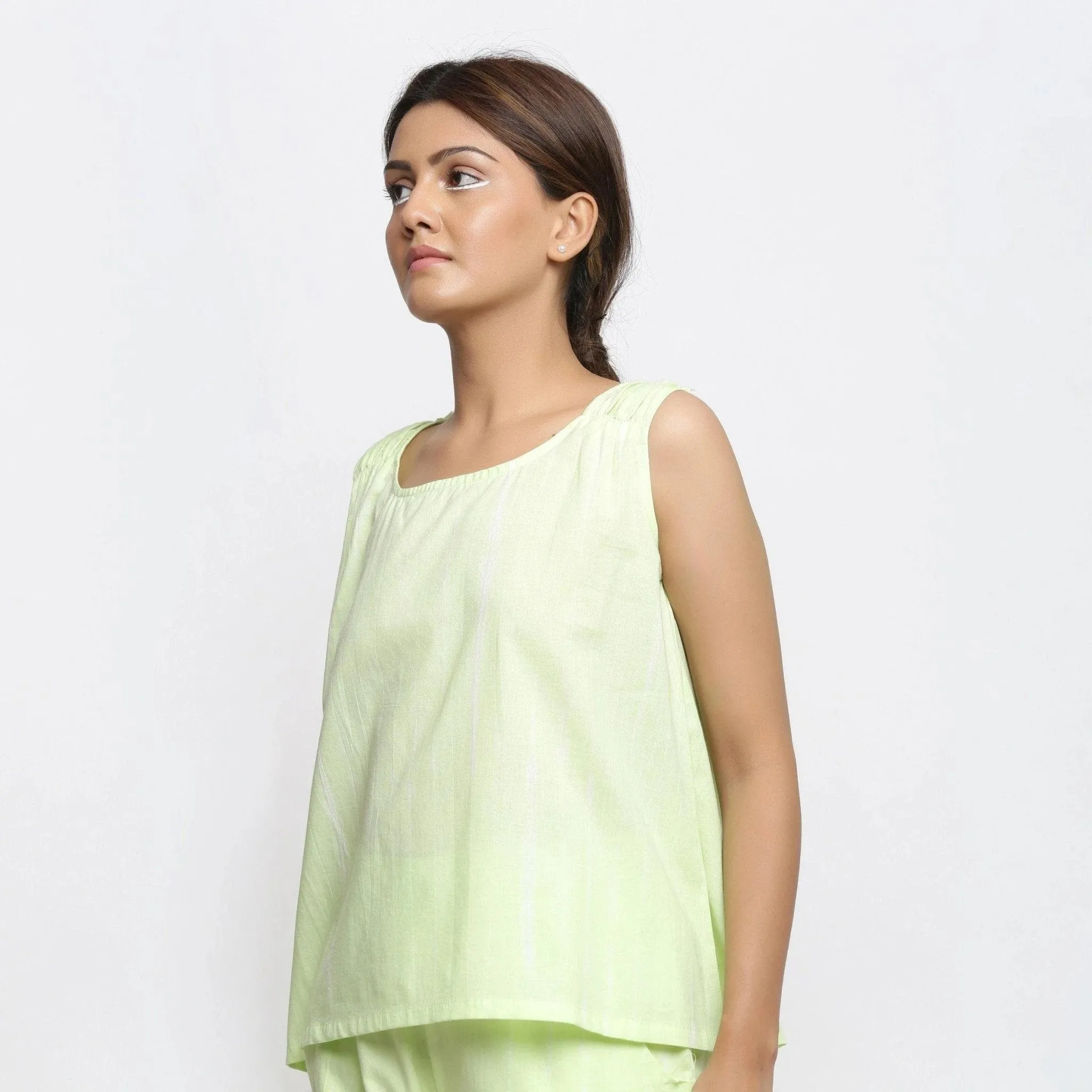 Hand Tie-Dye Cotton Mint Green Scoop Neck A-Line Top