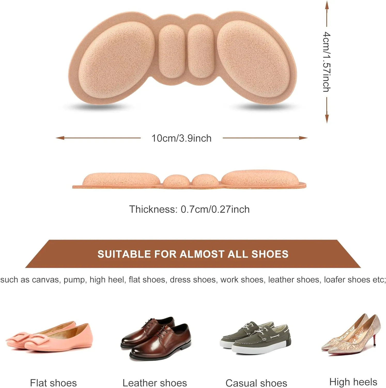 Heel Pads for Shoes That are Too Big, 4 Pairs Foamed Cotton Heel Cushions for Pain Relief & Tighter Fit, Filler Improved Shoe Fit and Comfort (Rosybrown)