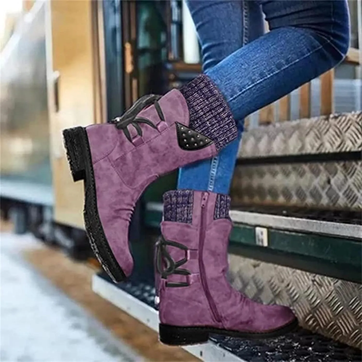 Ladmiple Boots For Women Ankle Booties Low Heel Mid Calf Combat Riding Fashion Winter Motorcycle Military Biker Boots