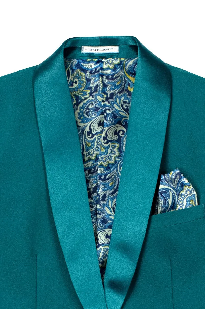 Men’s Teal Satin Lapel Tuxedo – Slim Fit 2-Piece Suit for Prom, Weddings & Formal Events