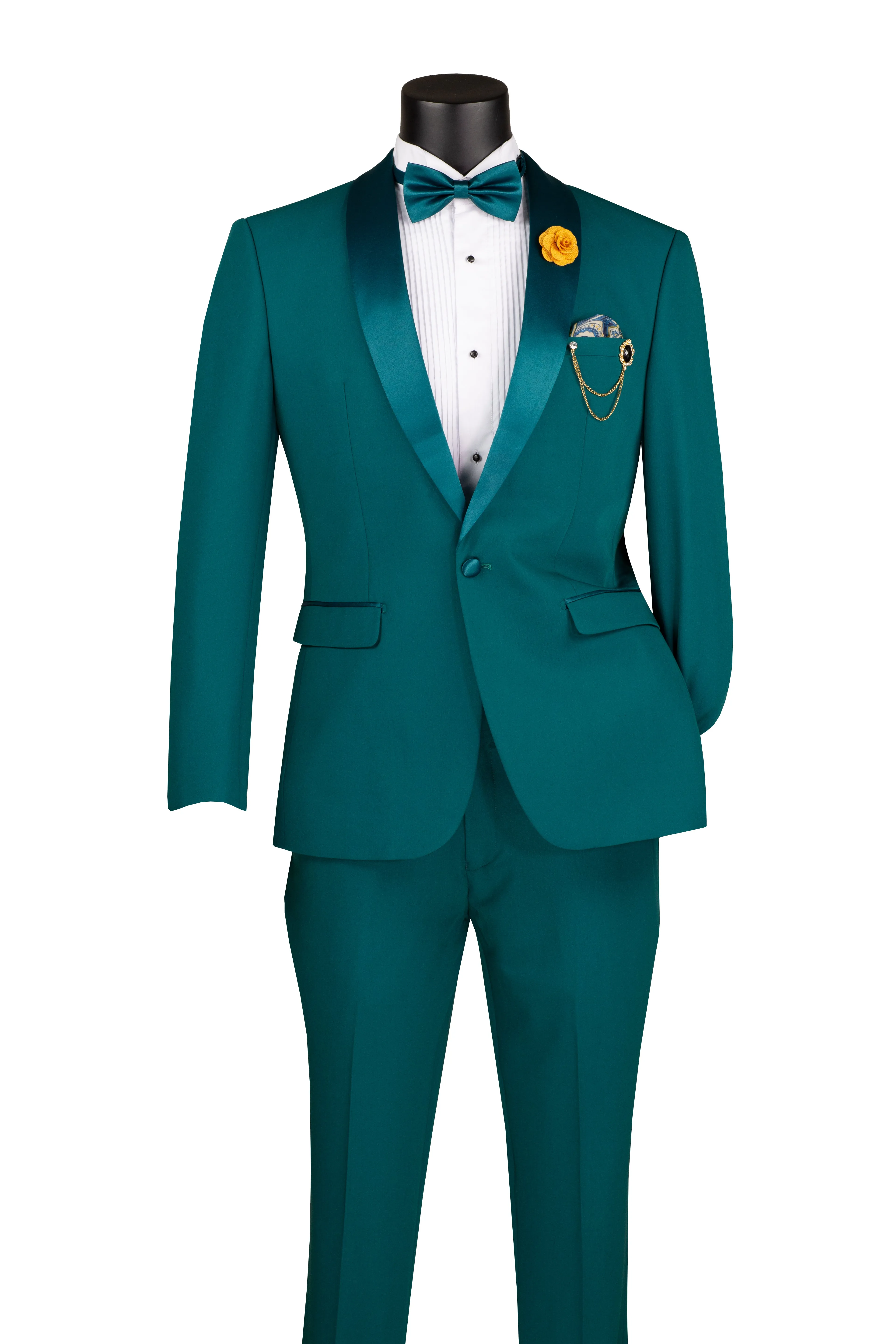 Men’s Teal Satin Lapel Tuxedo – Slim Fit 2-Piece Suit for Prom, Weddings & Formal Events