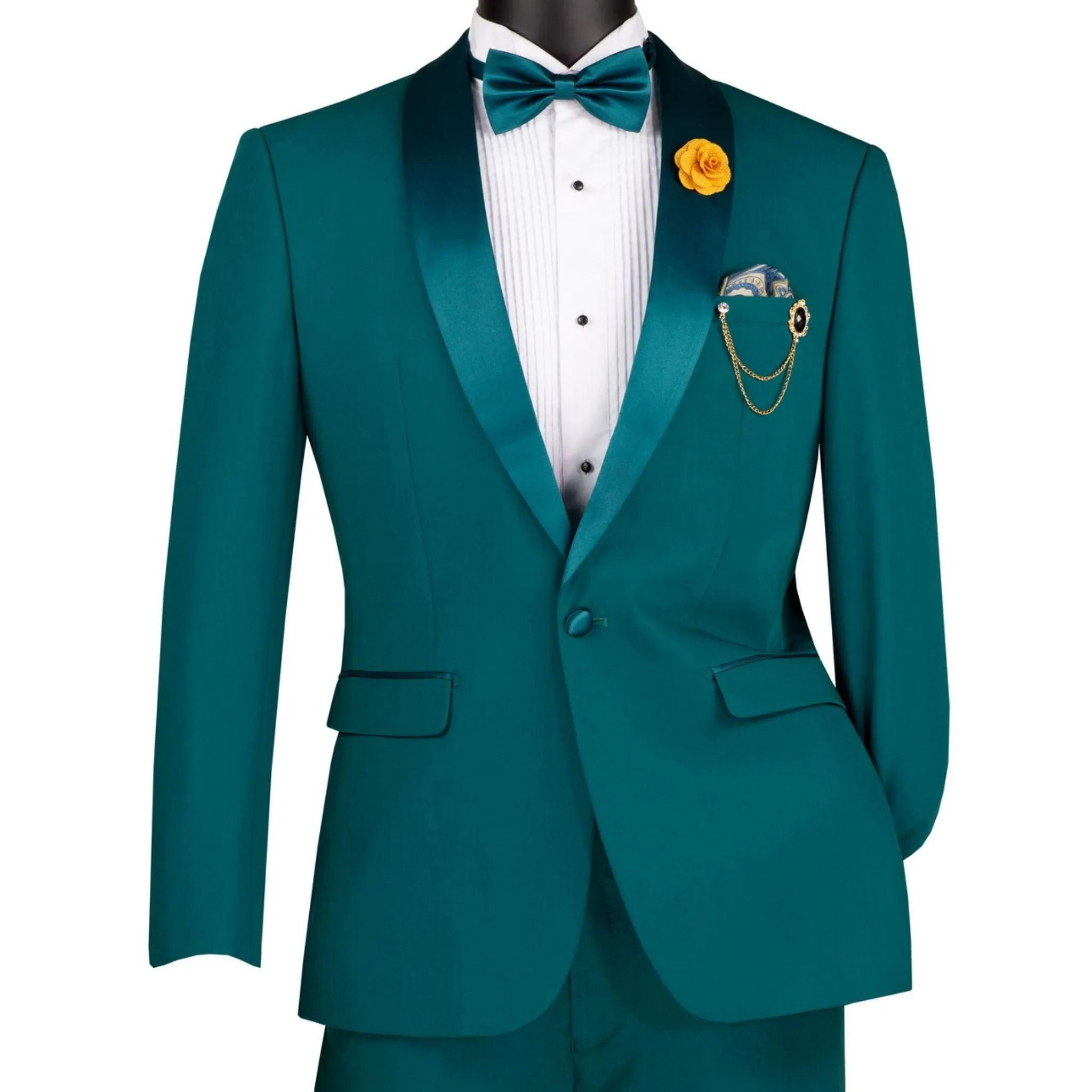 Men’s Teal Satin Lapel Tuxedo – Slim Fit 2-Piece Suit for Prom, Weddings & Formal Events