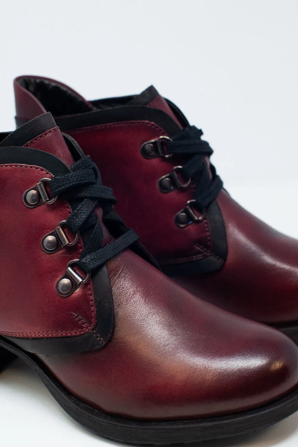Rustic Genuine Leather Maroon Women's Chunky Heel Lace Up Boots