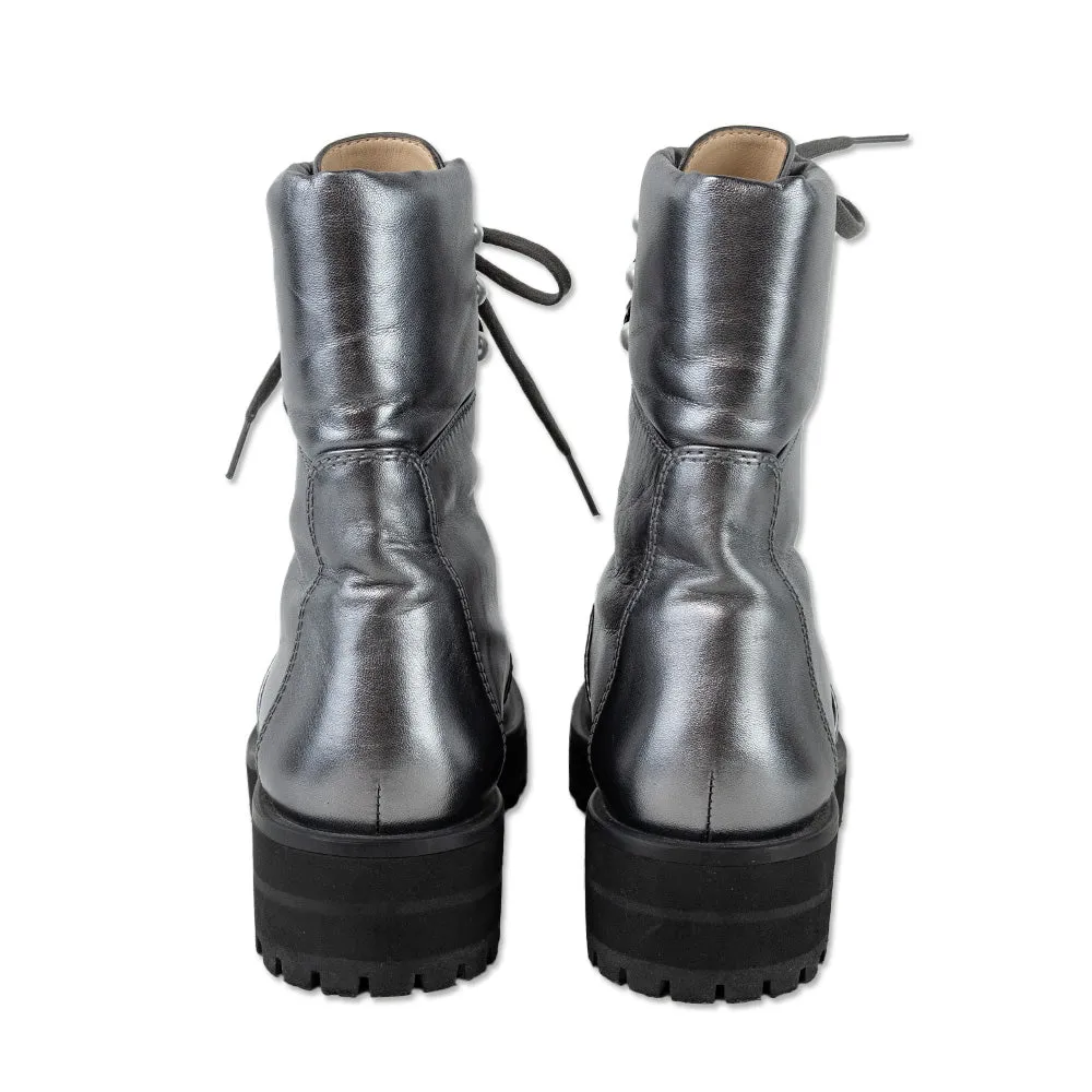 Stuart Weitzman Silver Leather Pearly Combat Bootie