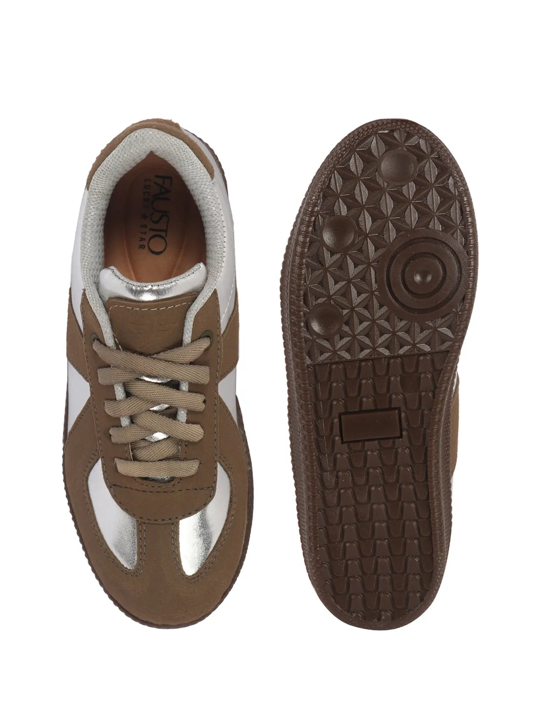 Women Camel Embellished Classic Lace-Up Casual Shoes|Memory Cushioned Comfortable Sneakers