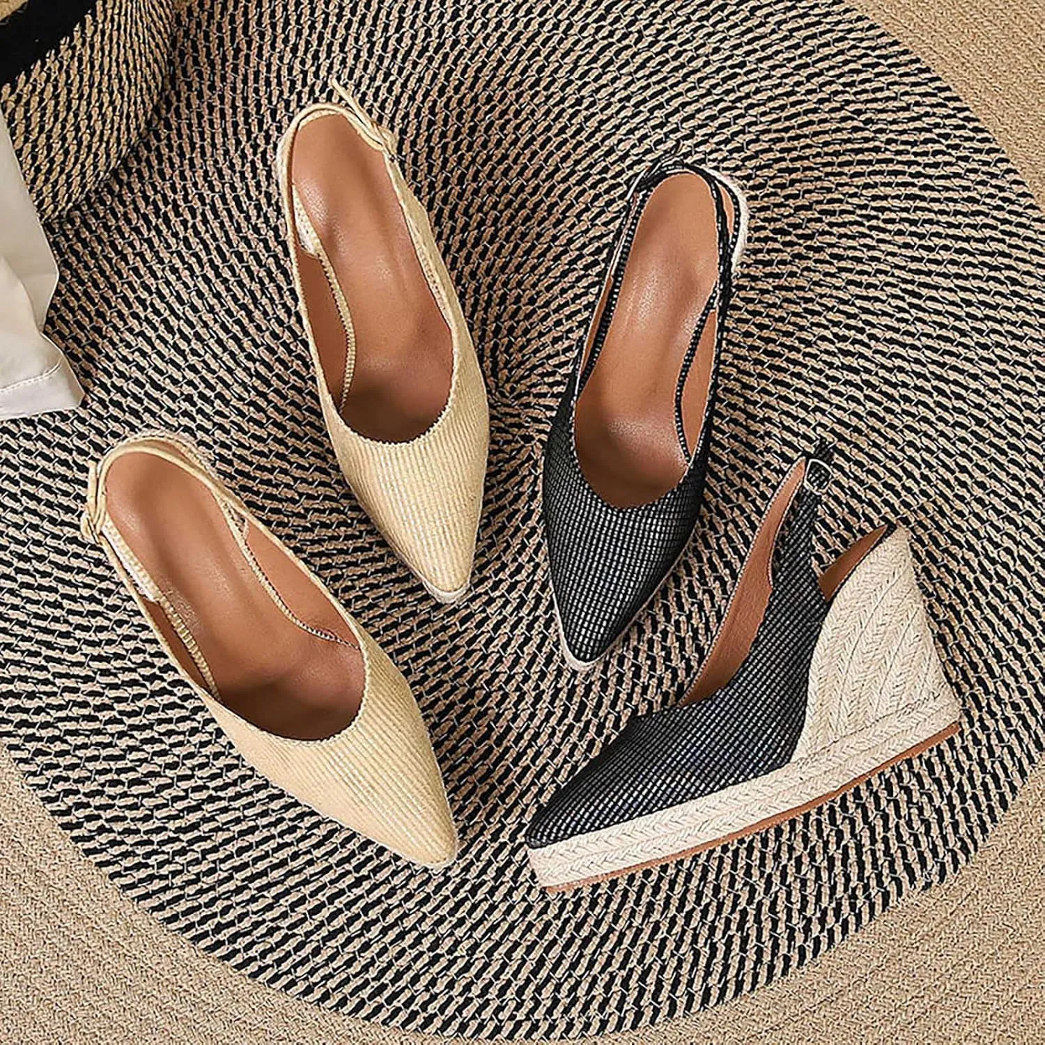 Women's Spring Wedge Heeled Thick Bottom Pointed Toe Wrap Back High Heeled Straw Woven Flax Rope Sandals Dad Sandals for Women (Black, 6.5)