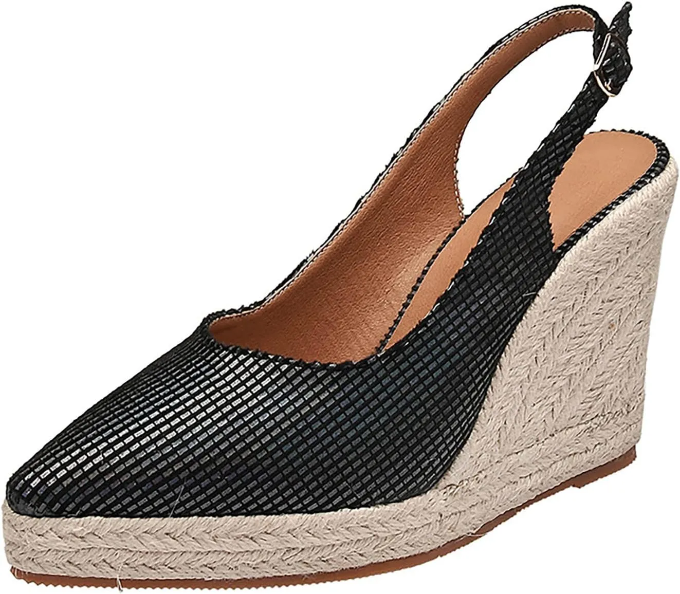 Women's Spring Wedge Heeled Thick Bottom Pointed Toe Wrap Back High Heeled Straw Woven Flax Rope Sandals Dad Sandals for Women (Black, 6.5)