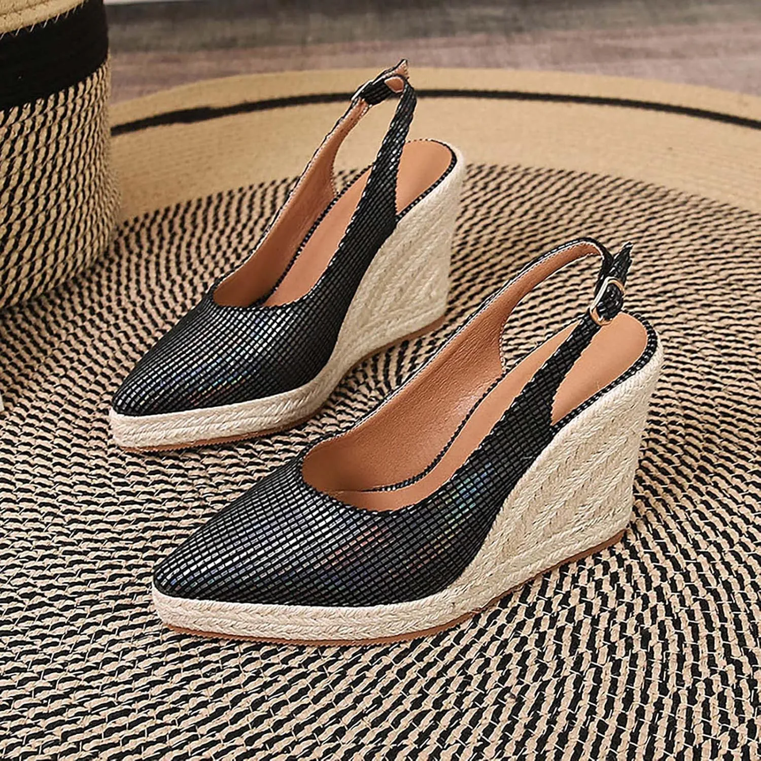 Women's Spring Wedge Heeled Thick Bottom Pointed Toe Wrap Back High Heeled Straw Woven Flax Rope Sandals Dad Sandals for Women (Black, 6.5)