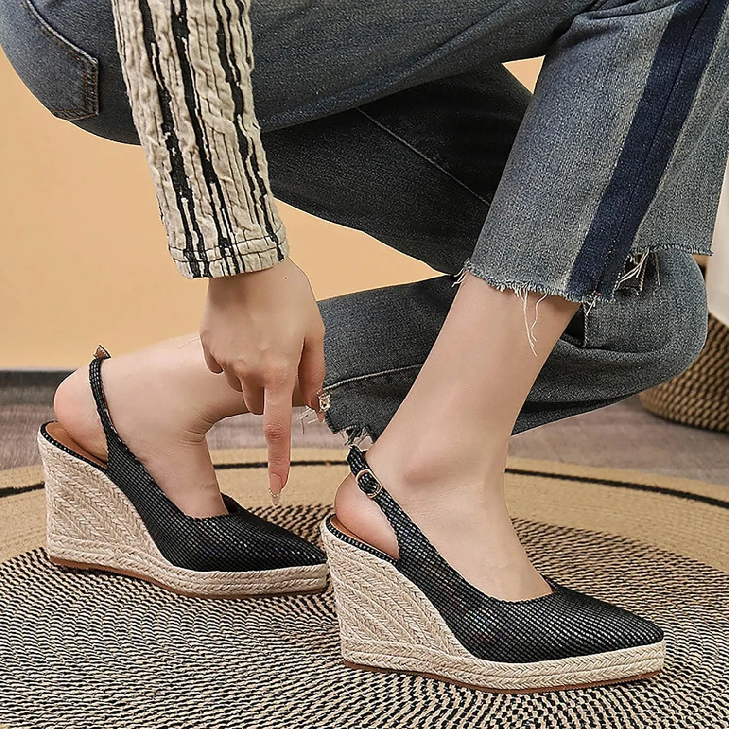 Women's Spring Wedge Heeled Thick Bottom Pointed Toe Wrap Back High Heeled Straw Woven Flax Rope Sandals Dad Sandals for Women (Black, 6.5)