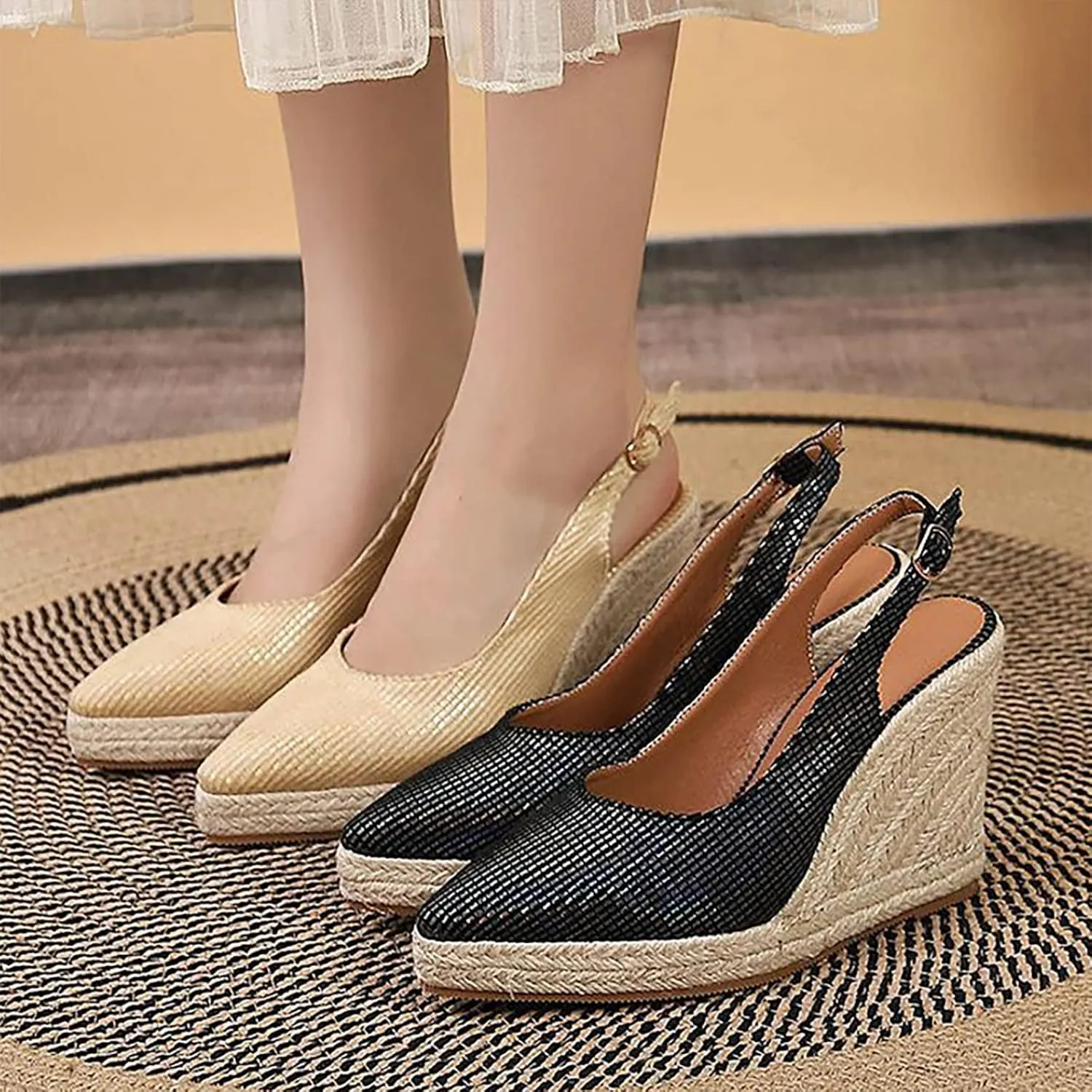 Women's Spring Wedge Heeled Thick Bottom Pointed Toe Wrap Back High Heeled Straw Woven Flax Rope Sandals Dad Sandals for Women (Black, 6.5)